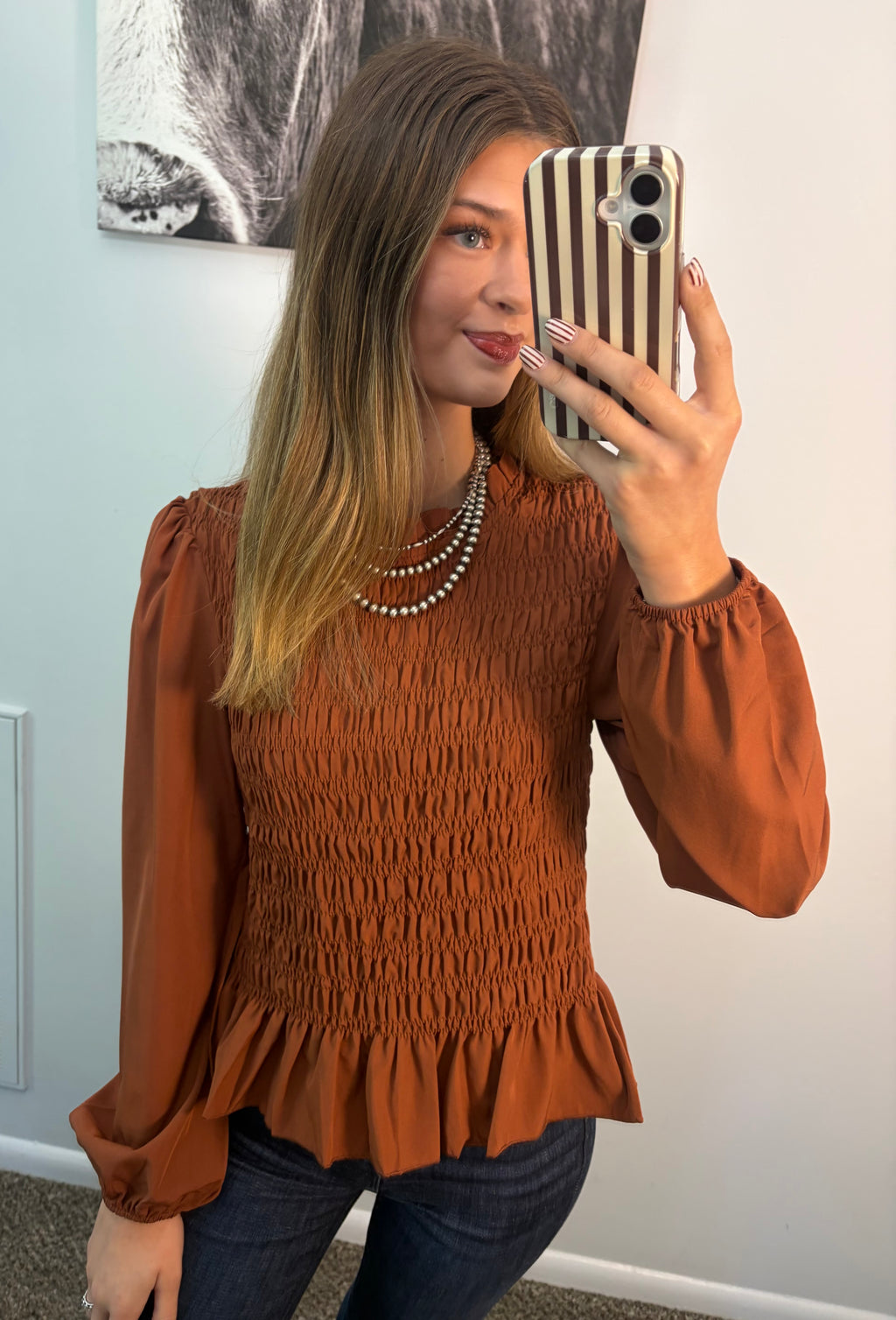 Smocked Ruffle Hem Long Sleeve Blouse