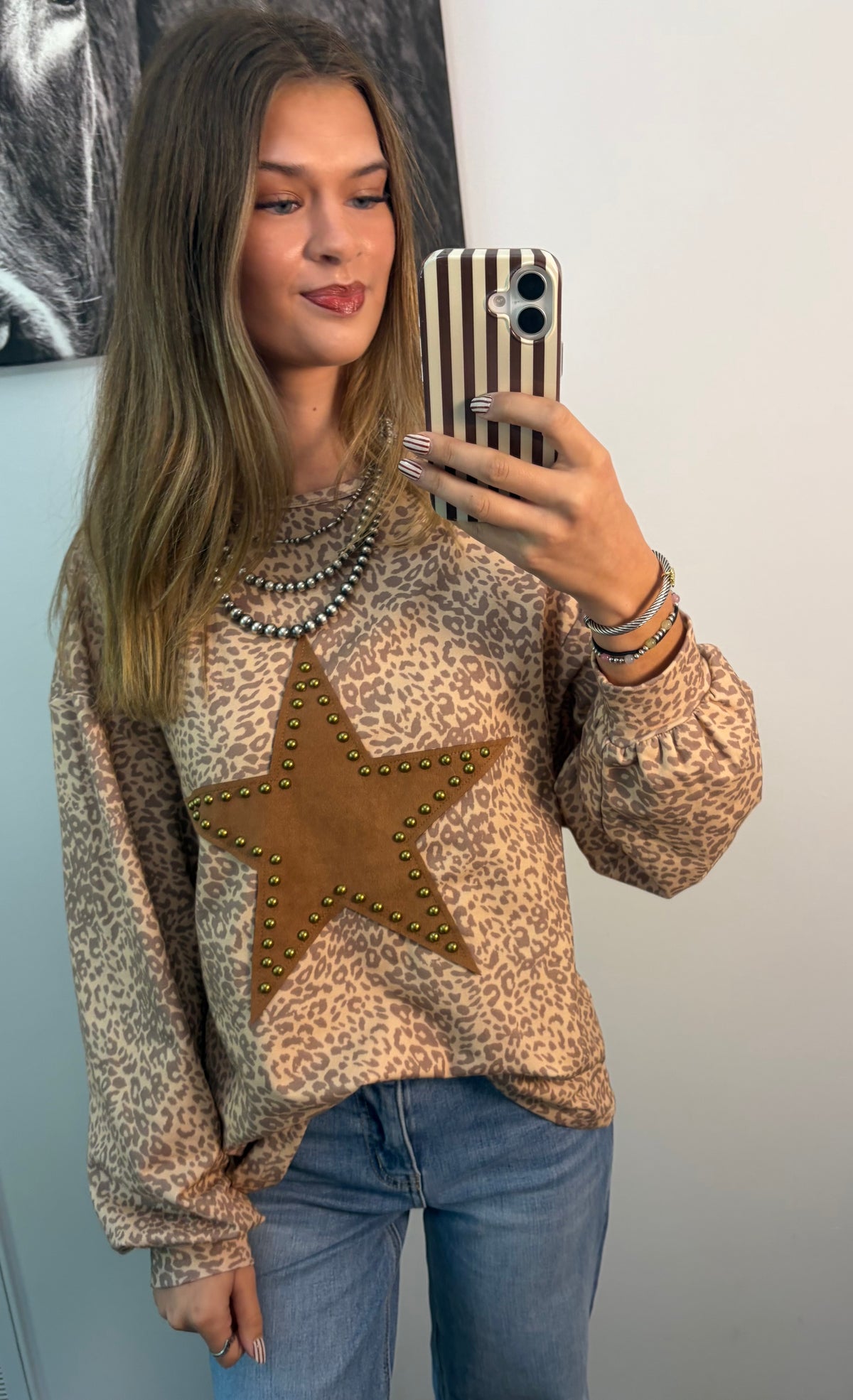 Leopard Print Star Patch Oversized Pullover