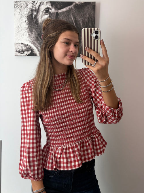 3/4 Sleeve Smocked Red Gingham Blouse
