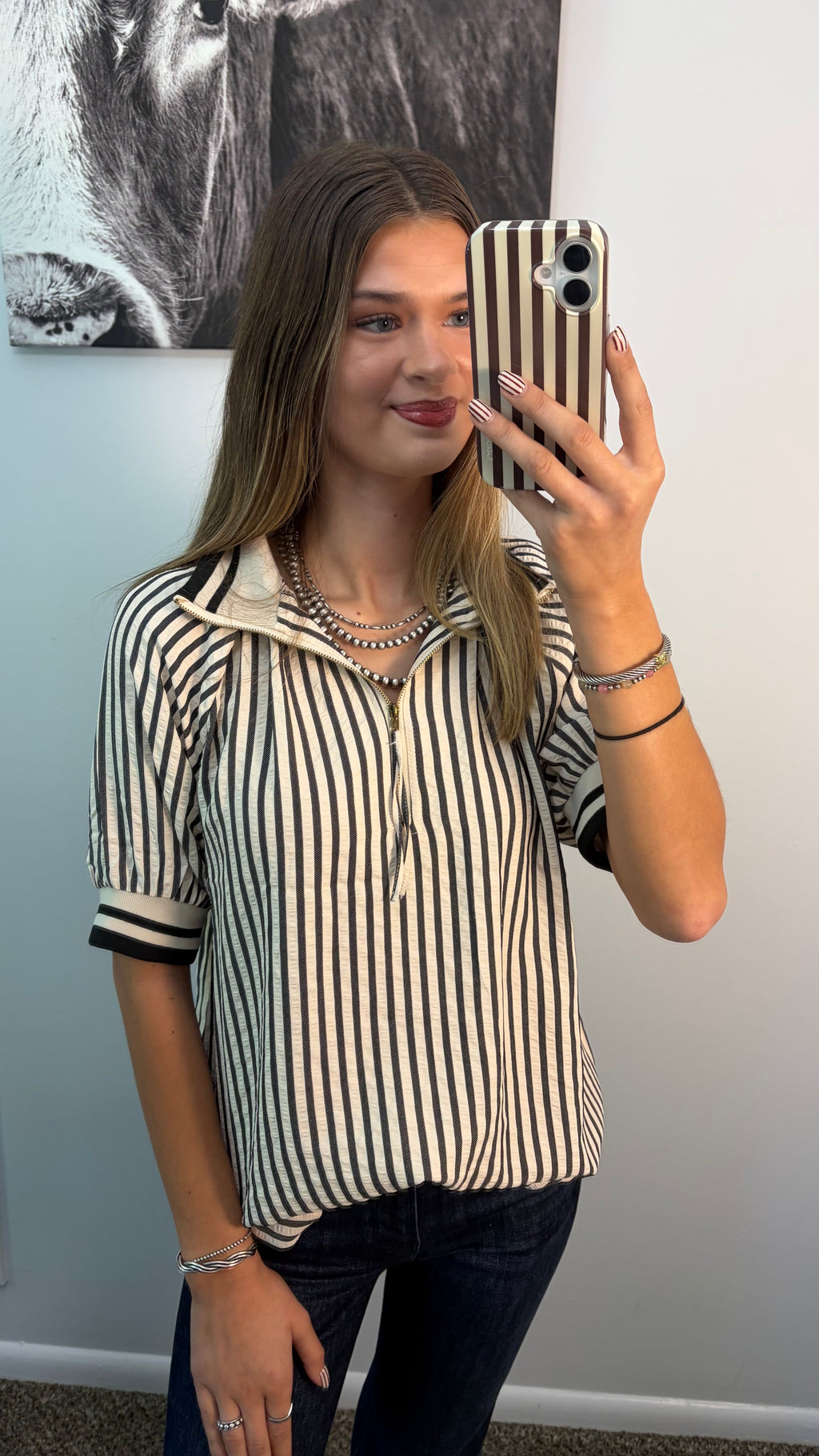 Collared 1/4 Zip Short Sleeve Blouse