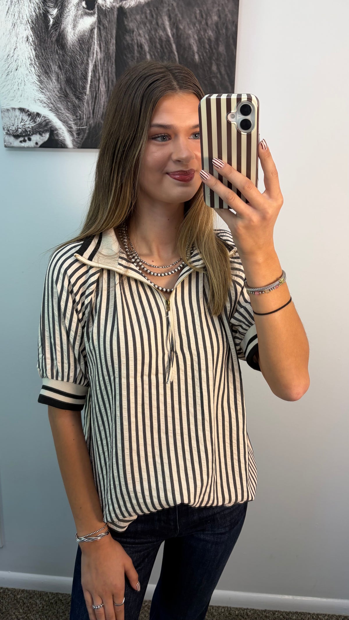 Collared 1/4 Zip Short Sleeve Blouse