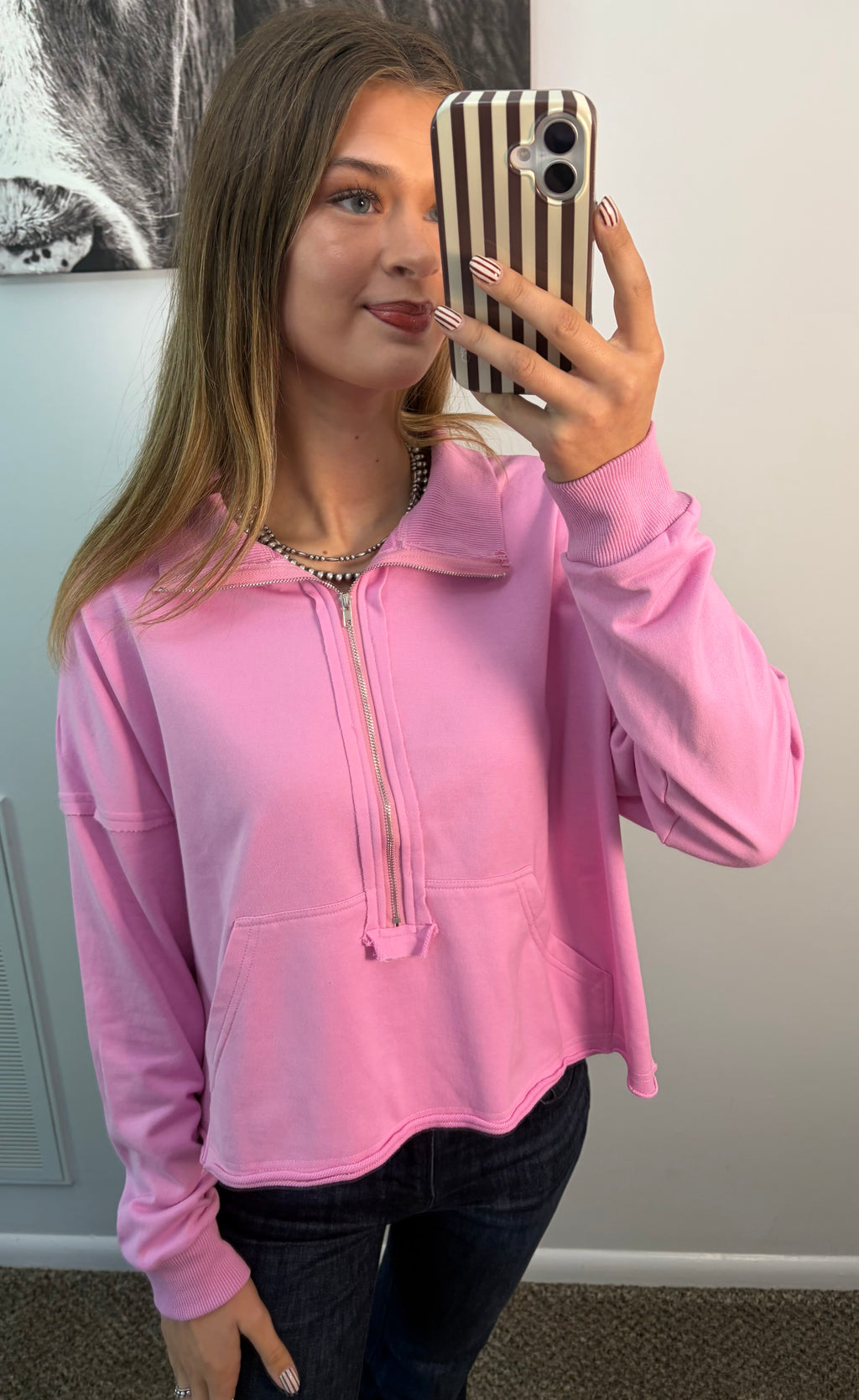Stone Wash 1/4 Zip Cropped Sweatshirt
