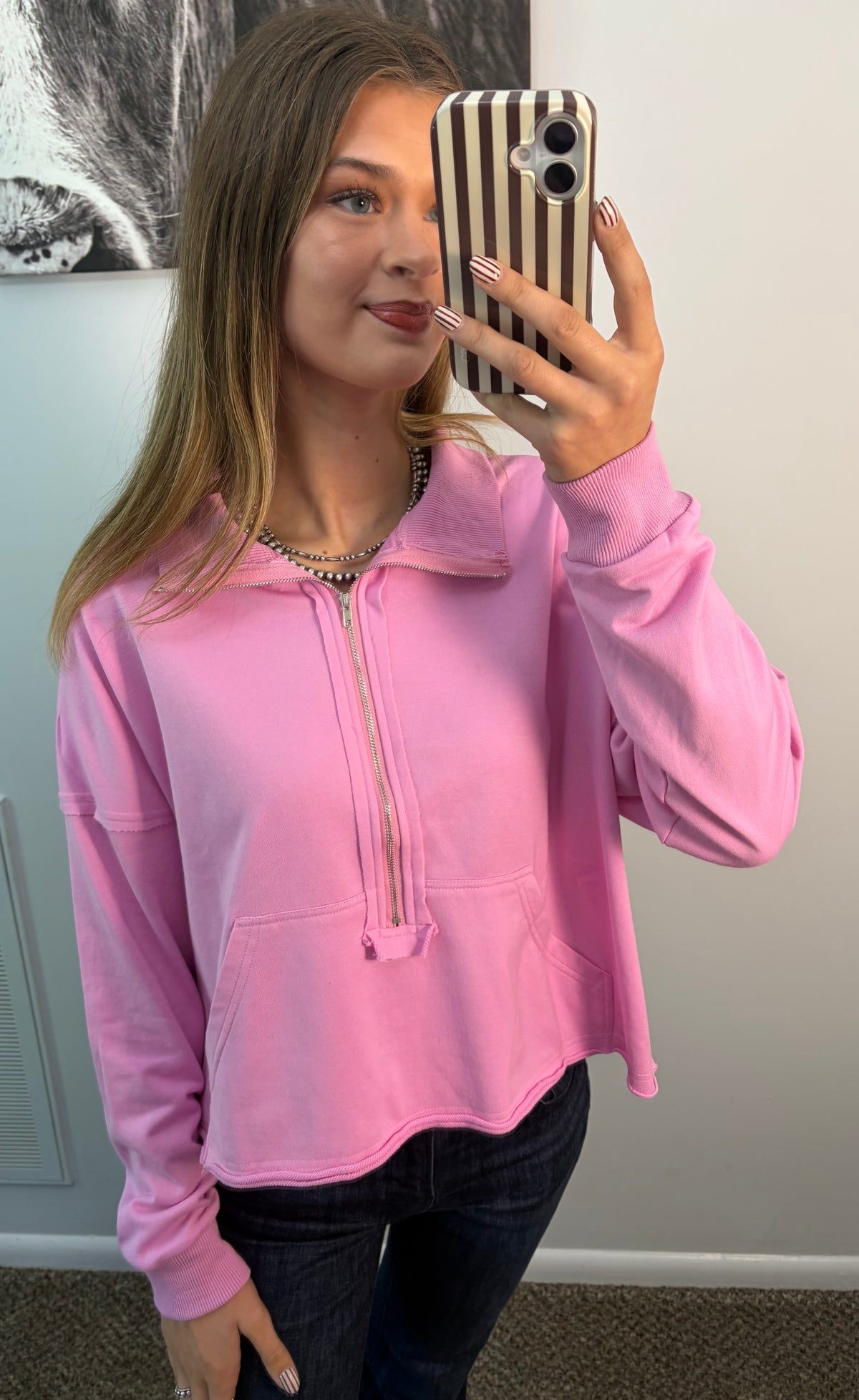 Stone Wash 1/4 Zip Cropped Sweatshirt