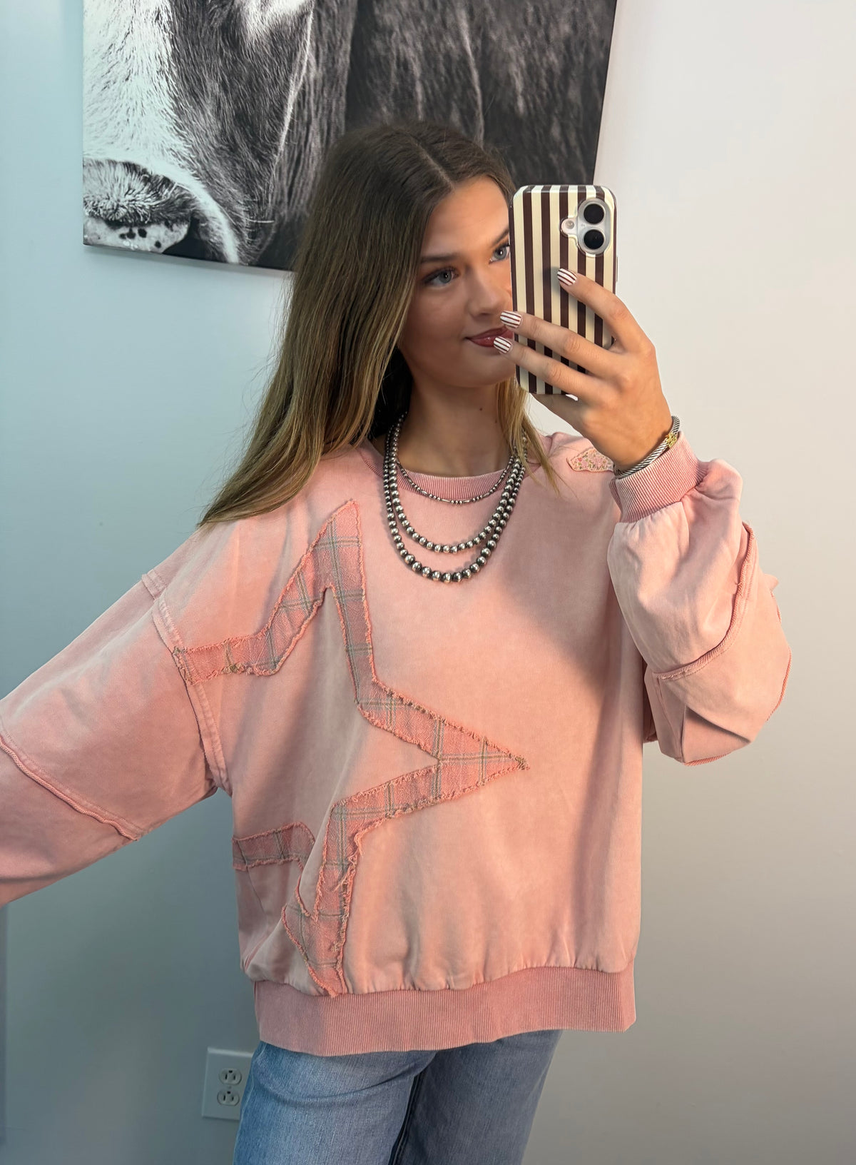 Star Patchwork Mineral Wash Long Sleeve Sweatshirt