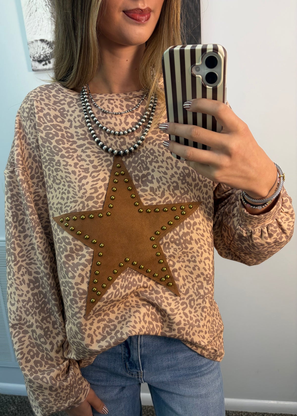Leopard Print Star Patch Oversized Pullover