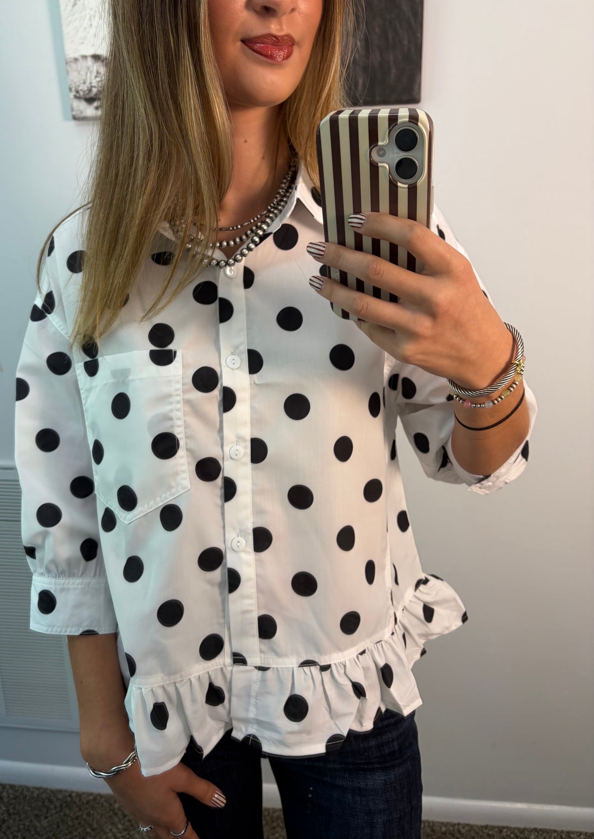 Polka Dot Button Up Shirt with Ruffle Hem