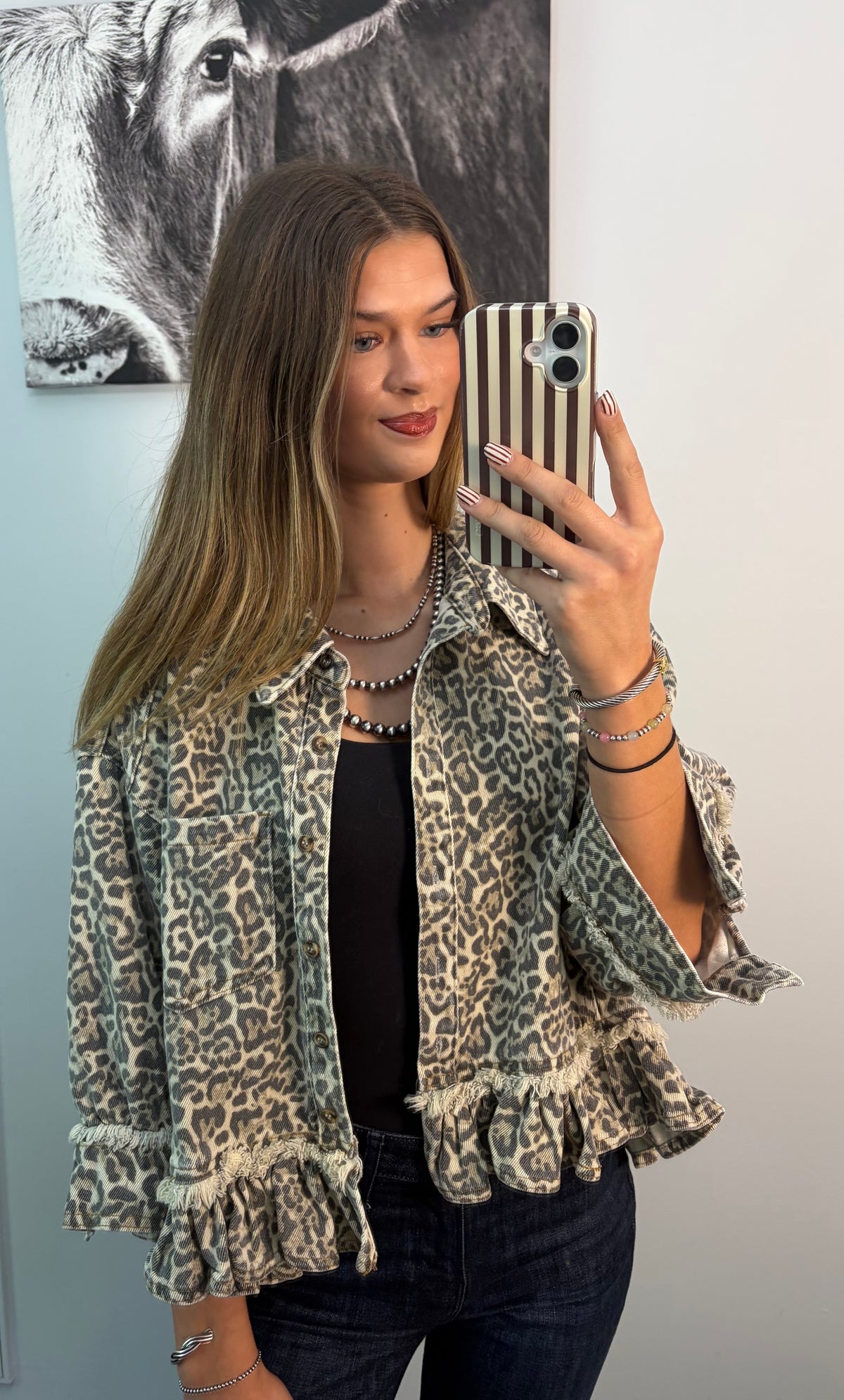 Leopard Print Frayed Ruffle Hem Shirt Jacket