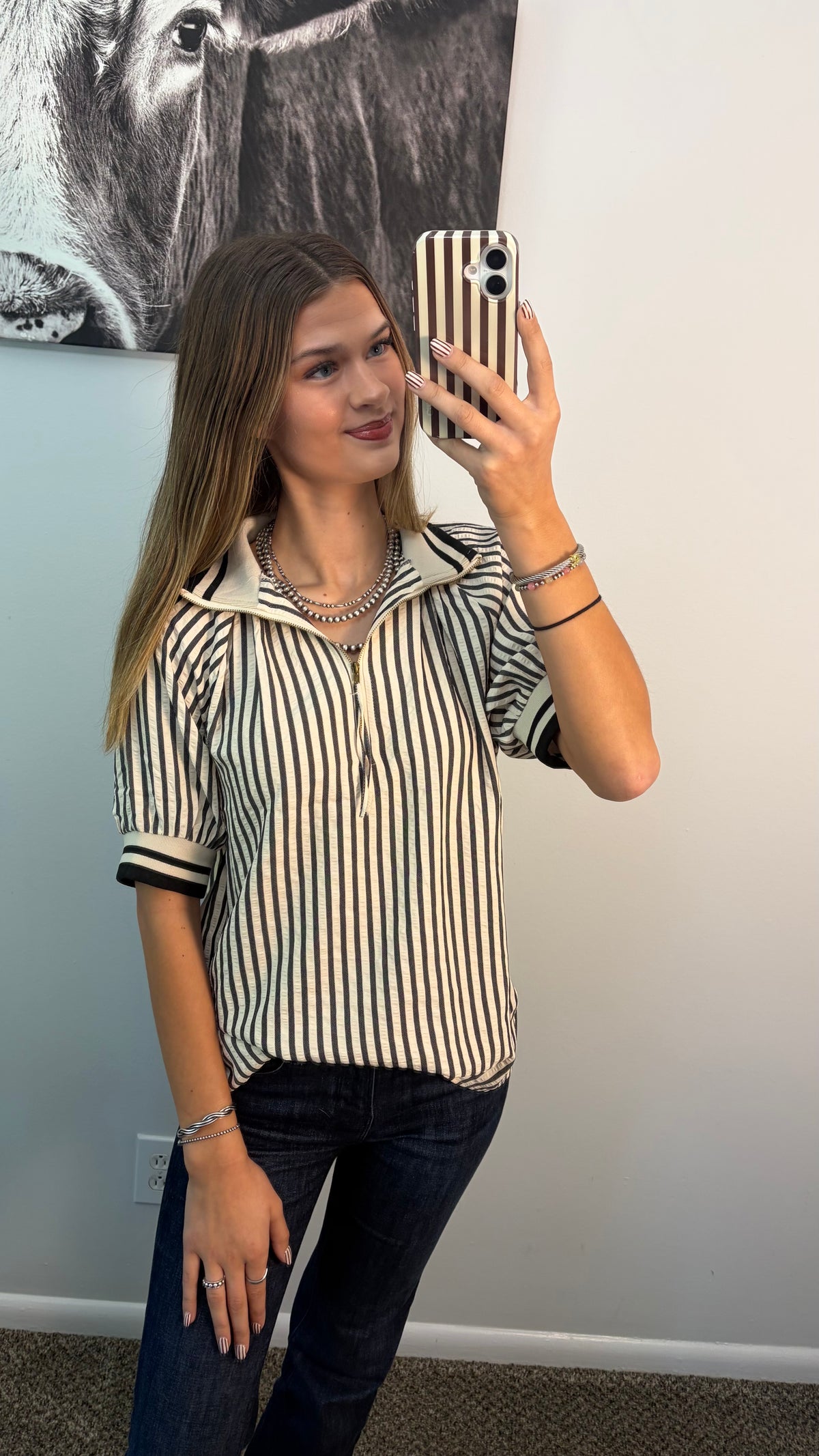 Collared 1/4 Zip Short Sleeve Blouse