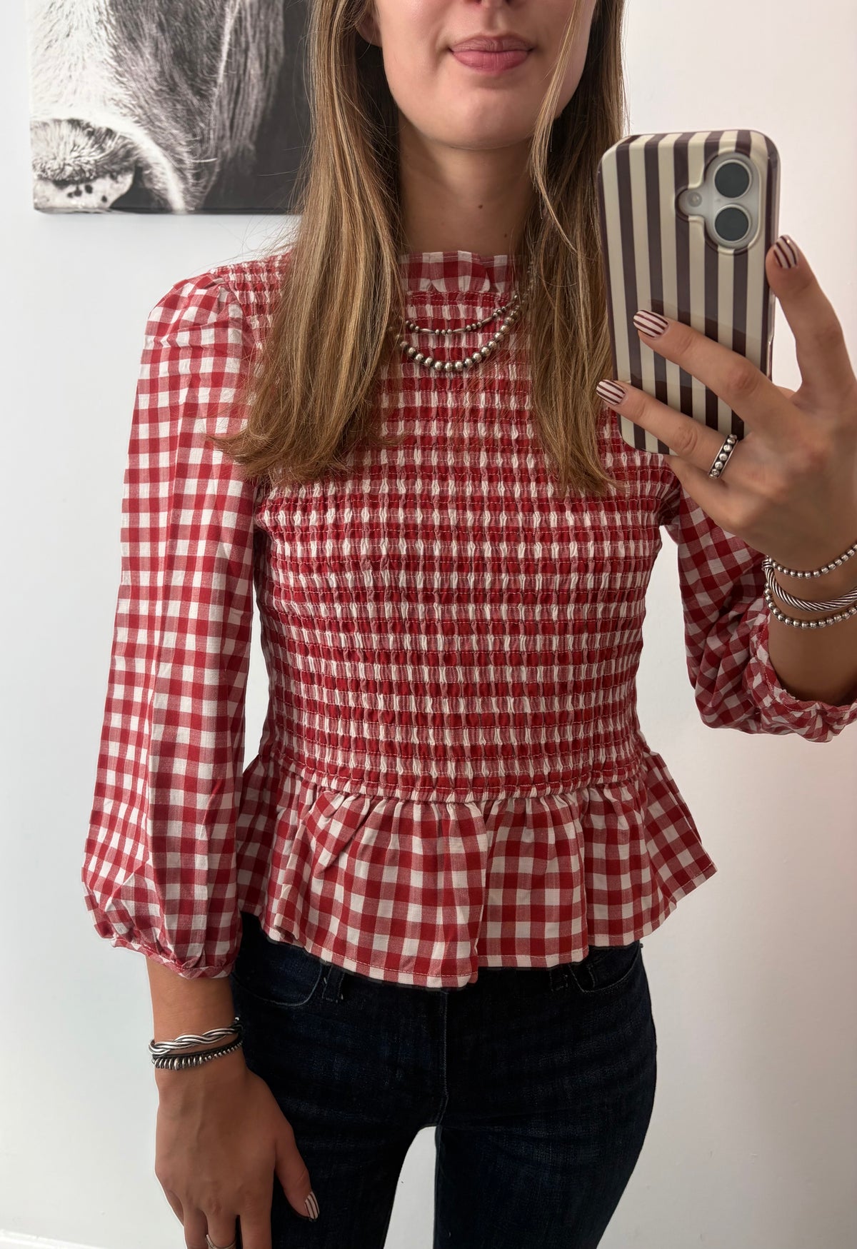 3/4 Sleeve Smocked Red Gingham Blouse