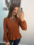 Smocked Ruffle Hem Long Sleeve Blouse