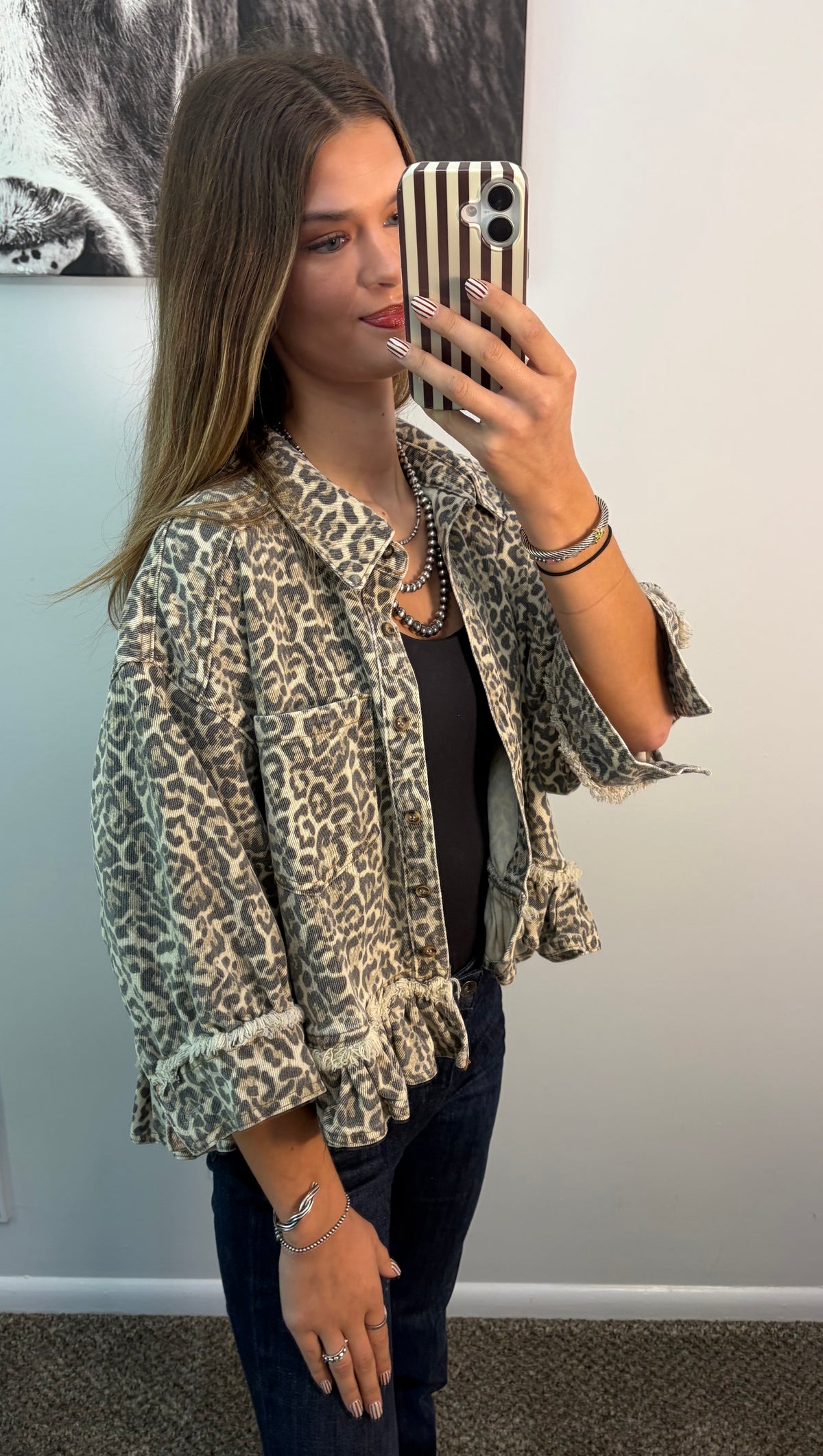 Leopard Print Frayed Ruffle Hem Shirt Jacket