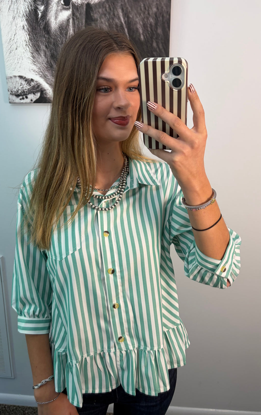 Green Striped Button-Up Blouse
