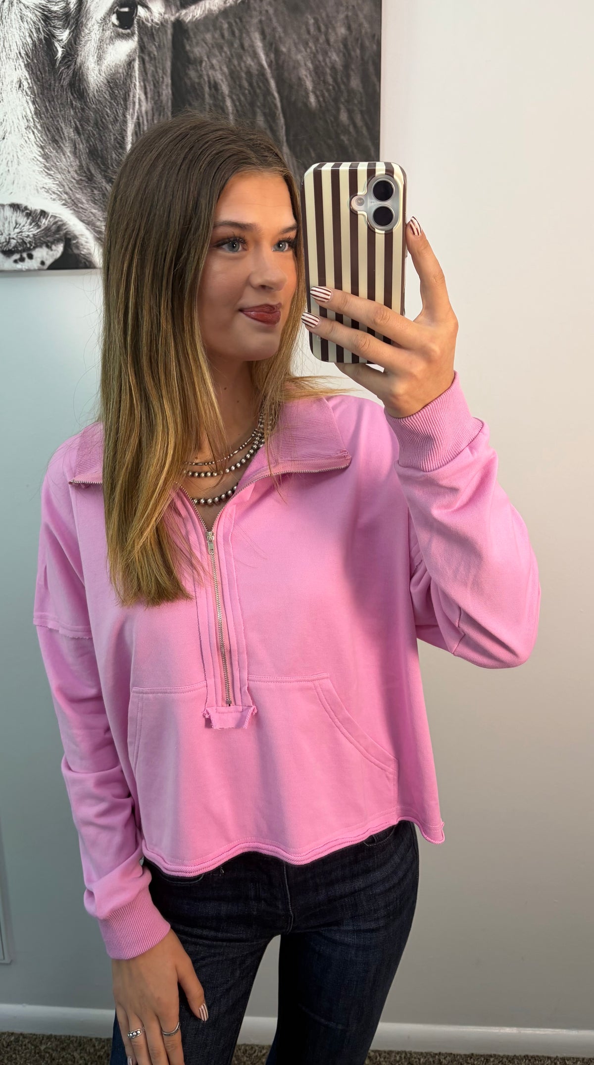 Stone Wash 1/4 Zip Cropped Sweatshirt