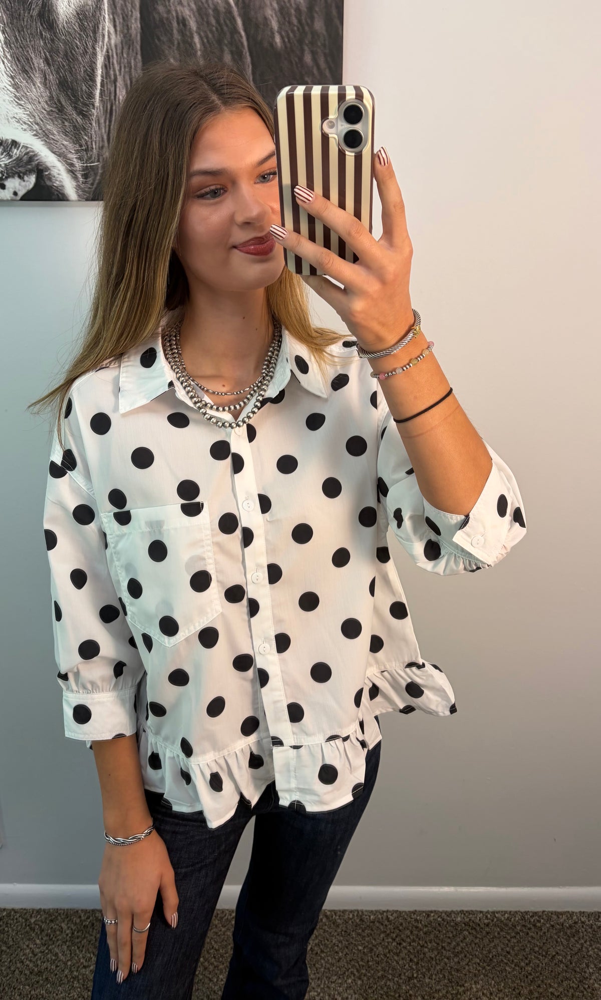 Polka Dot Button Up Shirt with Ruffle Hem