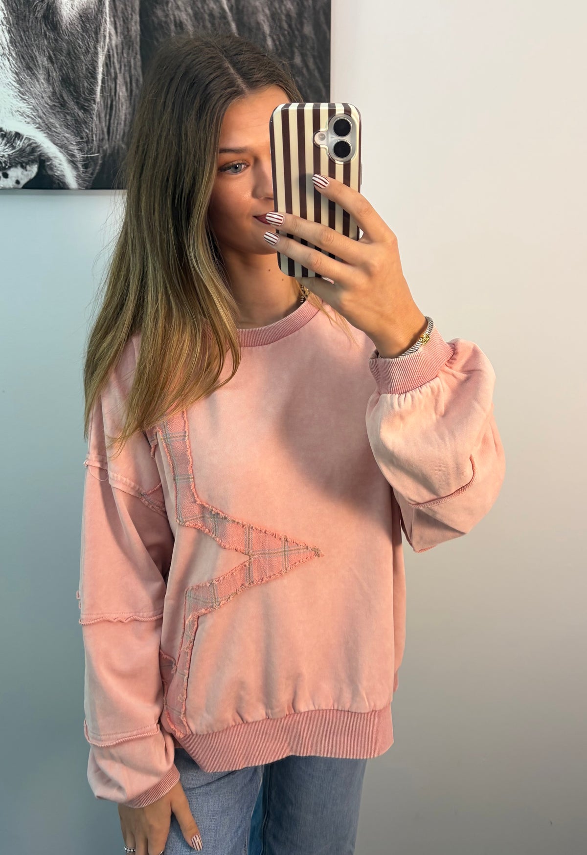 Star Patchwork Mineral Wash Long Sleeve Sweatshirt
