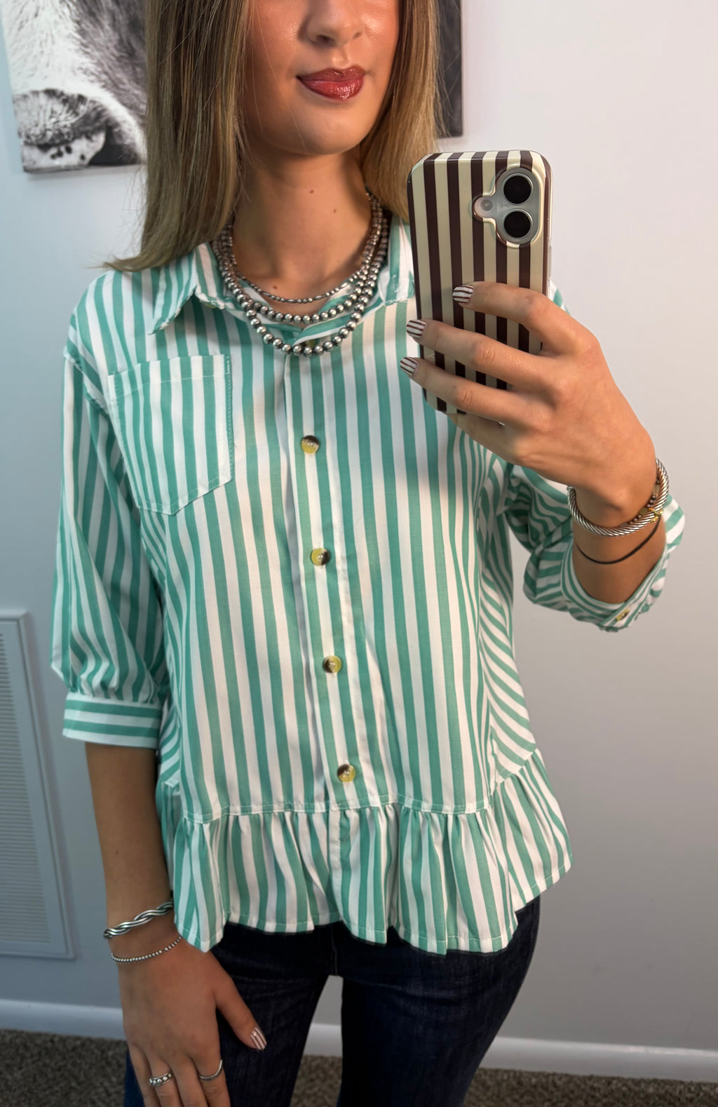 Green Striped Button-Up Blouse