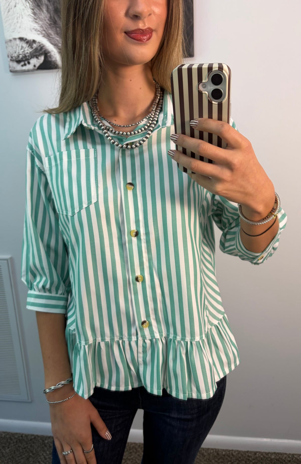 Green Striped Button-Up Blouse
