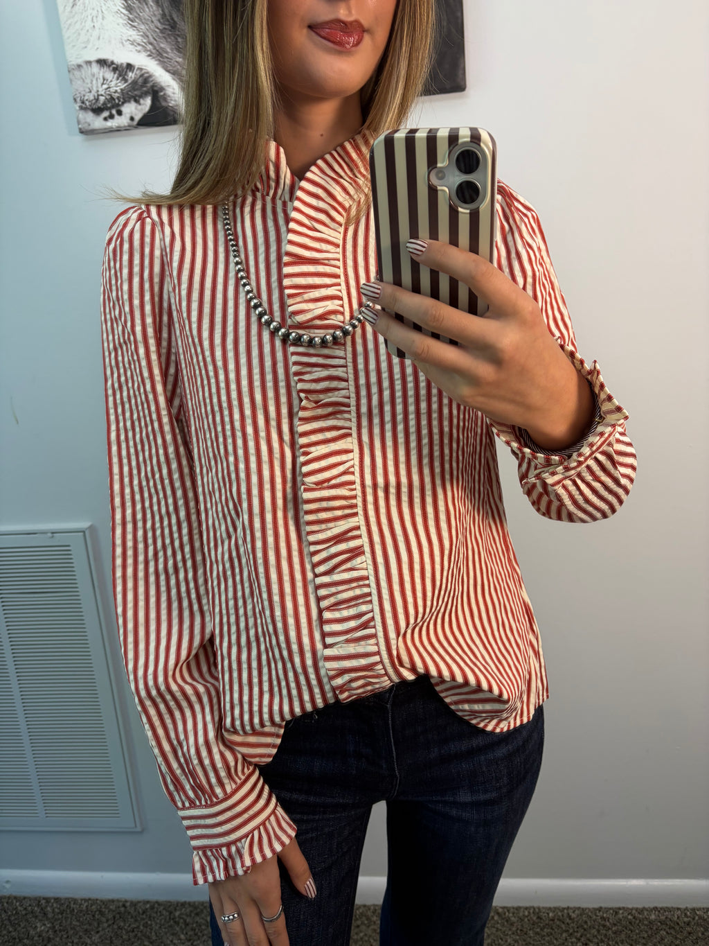 Striped Ruffle Long Sleeve Button Down Blouse